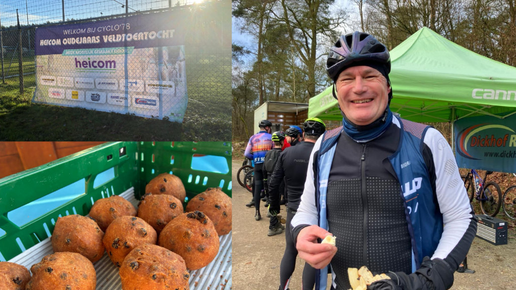 Een collage van een fiets evenement met riders, een banner en versnaperingen.
