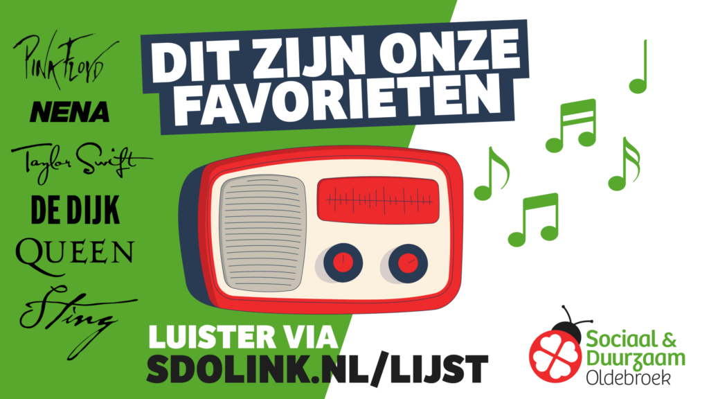 Advertentie met muzieknamen en een retro radio op groene achtergrond.